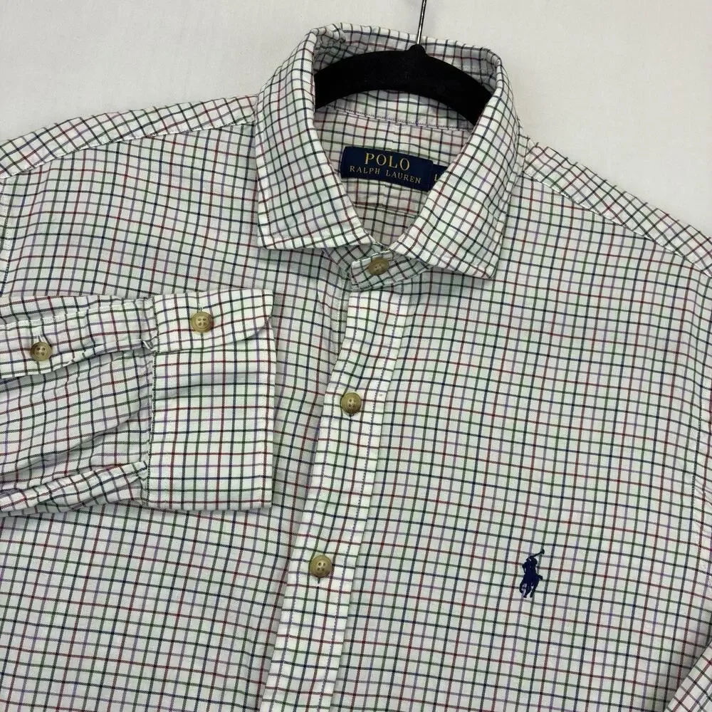 Polo Ralph Lauren Men’s Large Check Button Up Shirt White Cotton Pony Logo